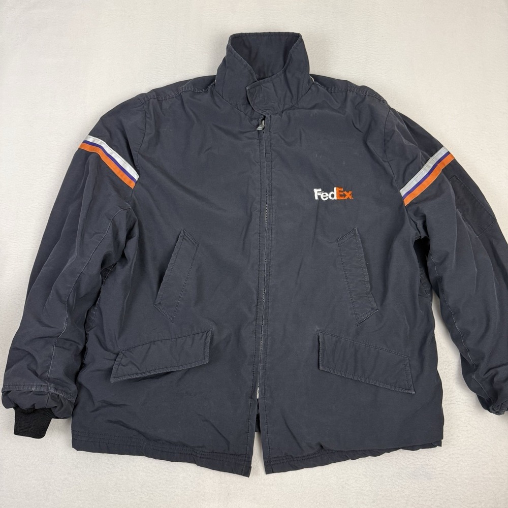 Vintage FedEx Stan Herman Uniform Bomber Jacket Navy Reflective Stripe XXL 2XL